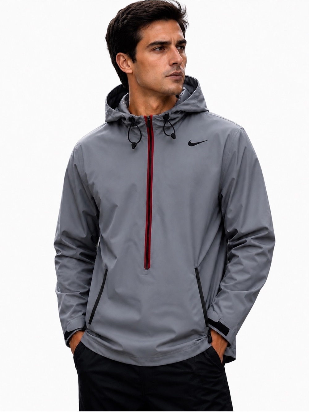 Nike Dri-FIT Lightweight 1/2 Zip Hooded Anorak Gray/Red Jacket Men's Size M